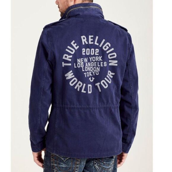 RARE True Religion Jacket Parka Military Jacket Blue Large - Picture 1 of 11